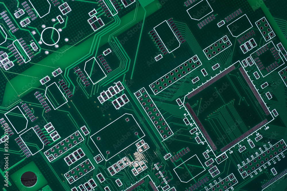 Poster pcb close up. pcb background. texture with a printed circuit board. white lines on the pcb. the text