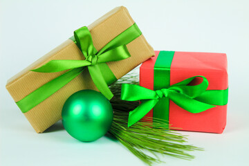 Gifts with Christmas decoration on white background