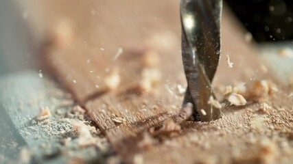Super slow motion of detail of a drill bit drilling into wood. Filmed on high speed cinema camera, 1000 fps.