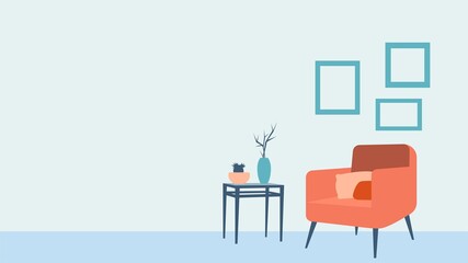 Fototapeta premium Minimalistic living room interior illustration. Armchair with cushions and coffee table