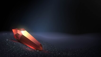 Red magic crystal in a dark cave on black sand. Philosopher's stone or fantasy artifact © lidiia