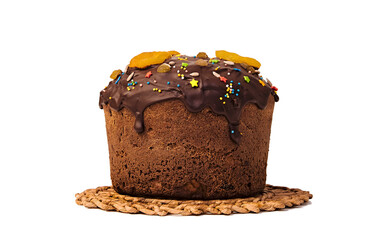 Sweet cake, filled with chocolate and decorated dried fruits, dried apricots, candied fruits, cherries, raisins, hazelnuts, almonds and seeds. Isolated onwhite background.