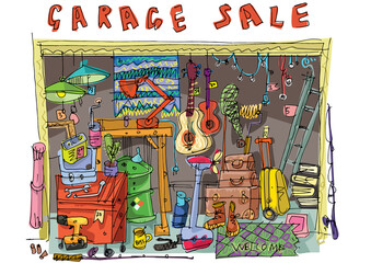 Hand drawn picture of a facade of domestic garage full of stuff for local sale. Hobby. Caricature. Sketch.