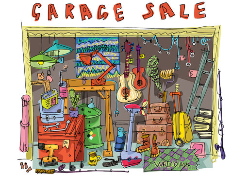 Hand drawn picture of a facade of domestic garage full of stuff for local sale. Hobby. Caricature. Sketch.