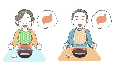 胃に優しいお粥を食べる　食事用エプロン　シニア