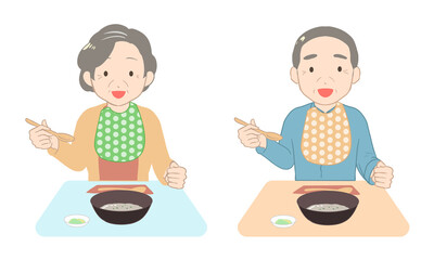 お粥を食べる　食事用エプロン　シニア(線無し)