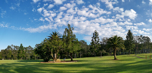 Obraz premium Beautiful panoramic view of a park with green grass and tall trees and deep blue sky with light clouds in the background, Heritage park, Castle Hill, Sydney, New South Wales, Australia 
