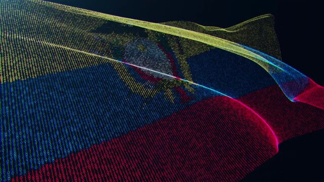 3d render. Ecuador digital flag with binary code texture flies in the wind. Seamless loop.