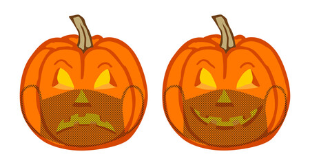 Sad and smiling Halloween pumpkins in protective face masks