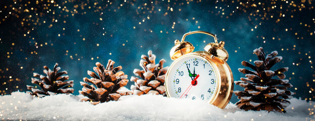 Christmas or New Year background with Golden alarm clock in snowdrifts on blue background with...