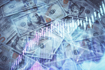 Double exposure of forex graph drawing over us dollars bill background. Concept of financial markets.