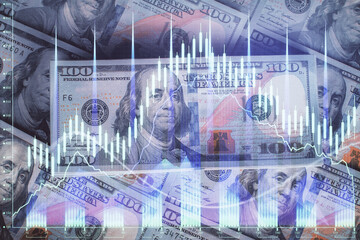 Fototapeta premium Multi exposure of forex chart drawing over us dollars bill background. Concept of financial success markets.