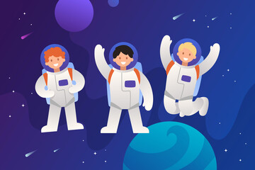 Astronaut team in outer space. Cartoon characters. Vector colorful childrens illustration. Teamwork and friendship. People are greeting and waving their hands. Emotions of characters.