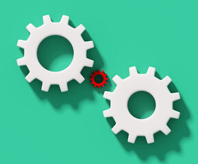 Small red cog between two big white cogs isolated on green background; connecting gears; modern business teamwork concept; flat lay, close up, top view; 3d rendering, 3d illustration