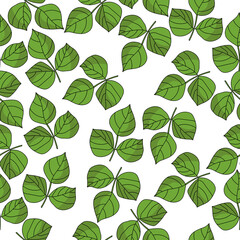 Twig seamless pattern with three large green leaves on a white background, herb with a wide leaf