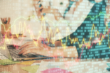 Multi exposure of woman hands typing on computer and financial graph hologram drawing. Stock market analysis concept.