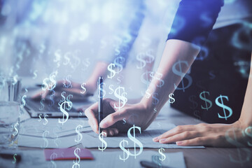 Multi exposure of woman hands typing on computer and financial chart hologram drawing. Stock market analysis concept.