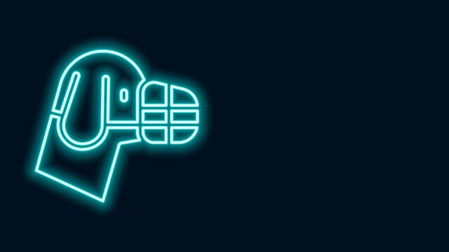 Glowing neon line Dog in muzzle icon isolated on black background. Accessory for dog. 4K Video motion graphic animation