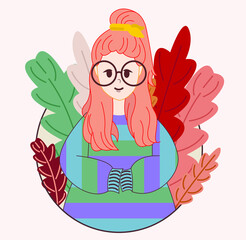 Vector illustration of a cute girl in glasses and a striped sweater.
Stylish girl with a high hairstyle, against the background of a circle in tropical leaves.