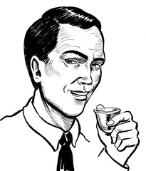 Fototapeta premium Handsome man drinking a cup of expresso coffee. Ink black and white drawing