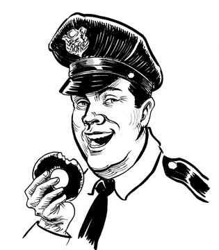 Happy American Cop Eating A Doughnut. Ink Black And White Drawing