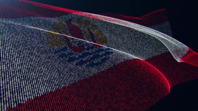 3d render. French-Polynesia digital flag with binary code texture flies in the wind. Seamless loop.