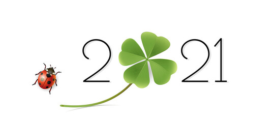Kleeblatt mit Marienkäfer,  Silvester Neujahr Karte 2021, Glücksbringer für 2021 Vektor Illustration isoliert auf weißem Hintergrund  © Engel73