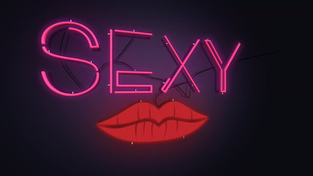 Sexy 3D Text Neon With Pink Lady Lips Design Sign Animation On Black Background - 4K Ultra 