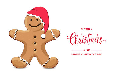 Weihnachtskarte mit Lebkuchenmann und 
Weihnachts- und Neujahr-Wünsche in englisch,
Vektor Illustration isoliert auf weißem Hintergrund
