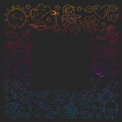 Kindergarten, toys vector pattern. Little children creativity and imagination. Online education, educational games.