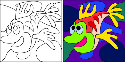 Vector drawing of decorative fish. Linear, contour image for coloring and a sample in color. A book for children's creativity.