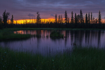 Bright and colorful Alaska sunset over water and taiga forest