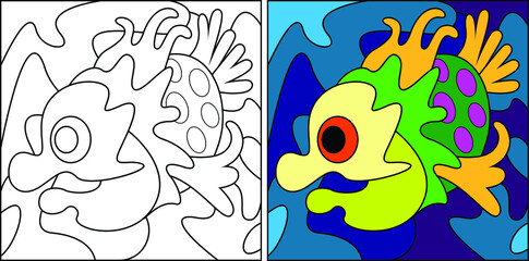 Vector drawing of decorative fish. Linear, contour image for coloring and a sample in color. A book for children's creativity.