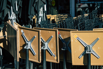 View of chairs and table of a bar located in downtown closed by the government following the...
