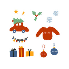 Christmas winter and New Year elements set. Star, sweater, houses, gifts, balls, mistletoe, car, snowflakes etc. Vector illustration