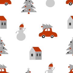 Cute Christmas winter seamless pattern with red car and Christmas tree on the roof, houses, snowman. Vector illustration