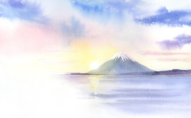 富士山　初日の出　水彩画