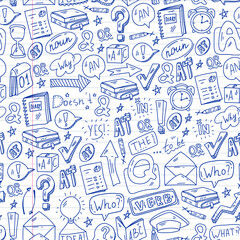 Doodle vector pattern. Illustration of learning English language. E-learning, online education in internet.