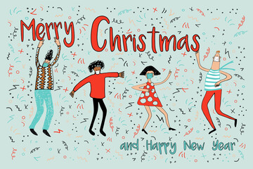 Merry Christmas and Happy New Year greeting card illustration of young people group dancing together in face masks at holiday party. Diverse culture friends team celebrating.
