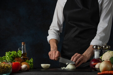 Professional chef cuts with knife onion on variety of ingredients background. Backstage of preparing appetizing food. Concept of cooking process. Frozen motion.