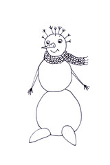 Snowman in a knitted scarf, graphic black and white drawing, isolate on a white background