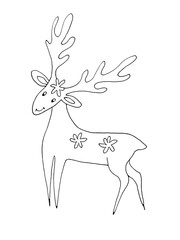 Deer with snowflakes on the back, graphic black and white drawing, isolate on a white background