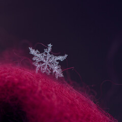 Snowflake on a red scarf macro - 392543217