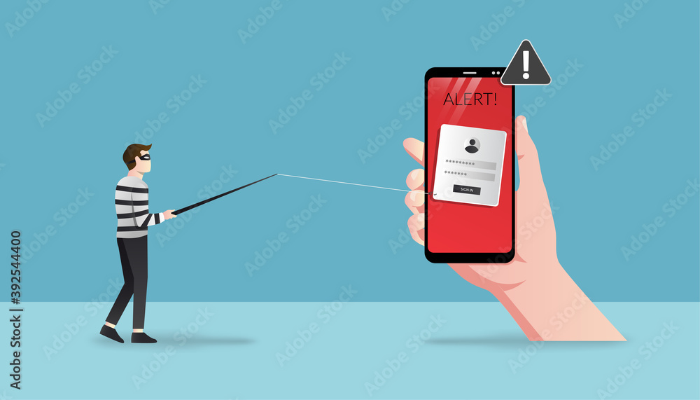 Poster hacking concept with warning sign. hacker is phishing scam from smartphone on big hand vector illust