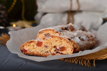 Christmas stollen on white parchment.