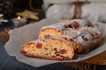 Christmas stollen on white parchment.