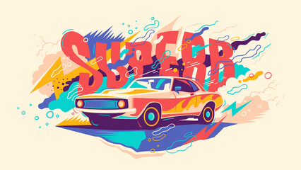 Abstract modish lifestyle illustration with retro car and typography. Vector illustration.