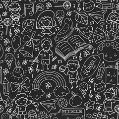 Vector seamless pattern with items for school. Online internet education, e-learning.