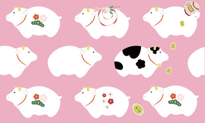 年賀状や背景素材にも使いやすい牛のかわいいピンクのイラストのシームレスパターン