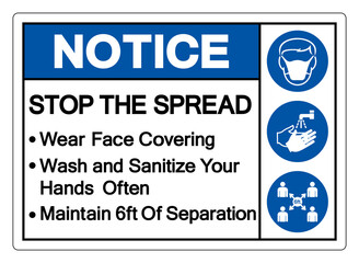 Notice Wear Face Covering Wash and Sanitize Your Hands Often Maintain 6ft Of Separation Symbol Sign, Vector Illustration, Isolate On White Background Label. EPS10